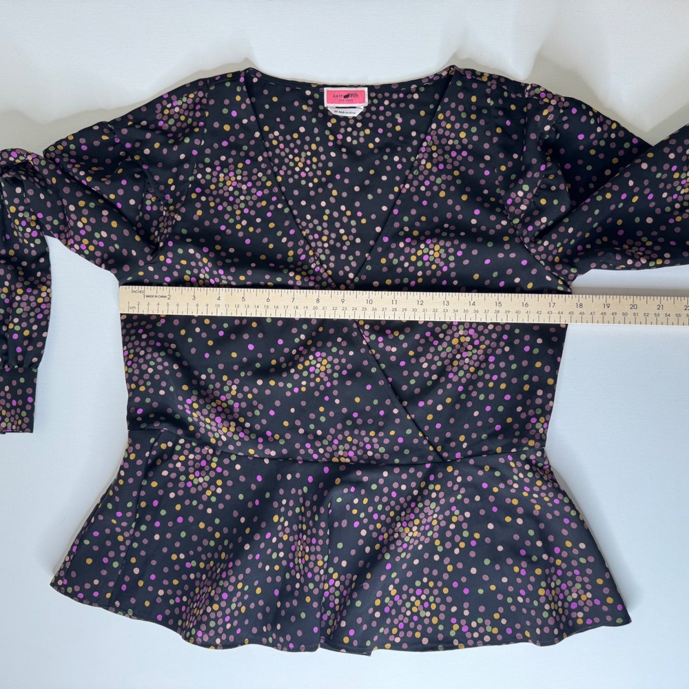 Kate Spade Polka Dot Wrap Blouse Size XS Black‎ Peplum Long Sleeve Preppy Office - Picture 7 of 8